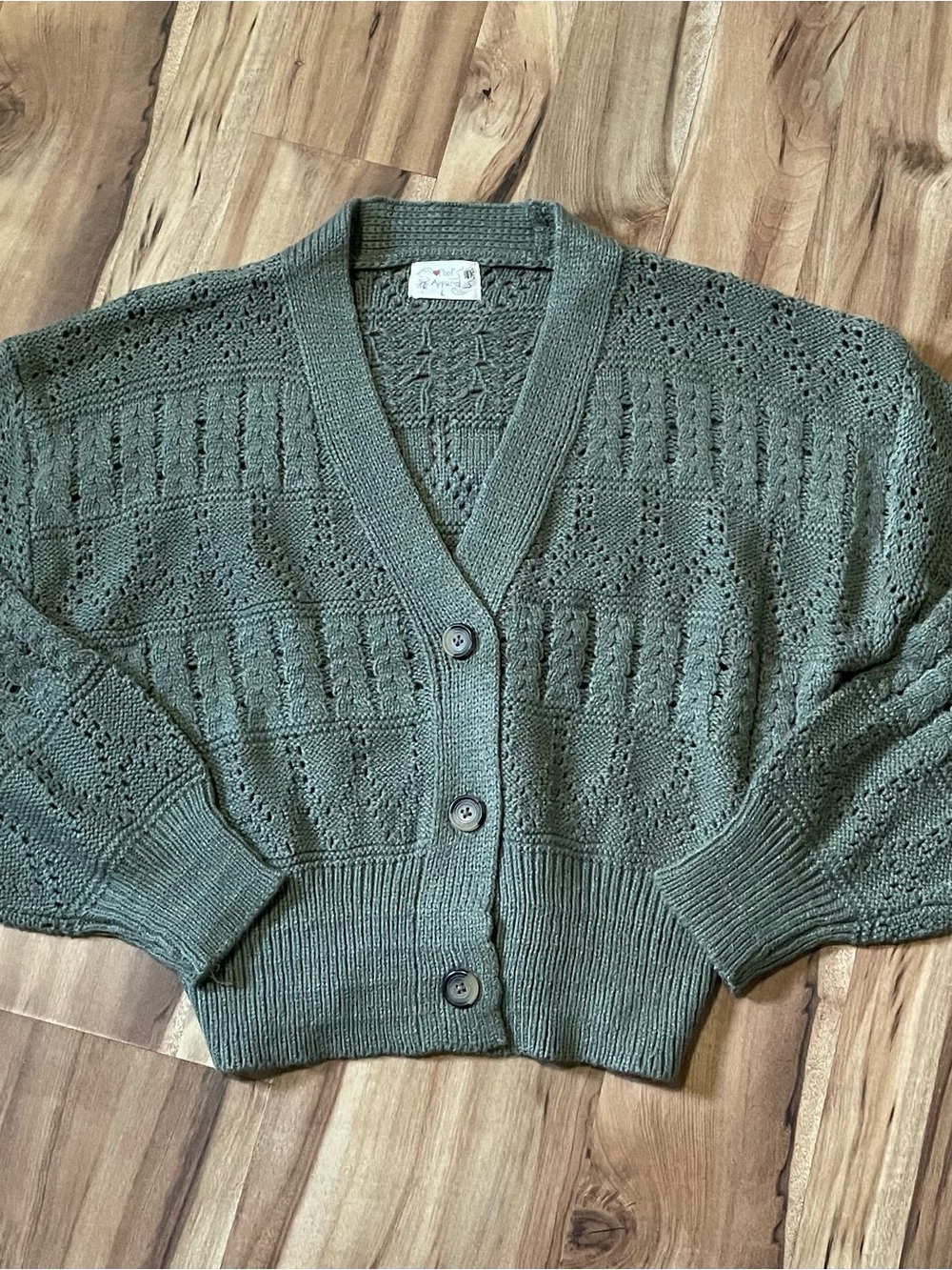 Poof Apparel Cropped Pointelle V-Neck Cardigan Green Boho Cozy Sz L